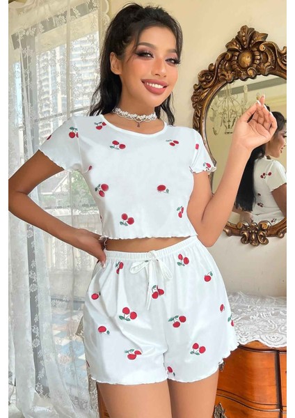 Örme Yumuşak Kısa Kol Kiraz Basklı Sortlu Pijama Takımı