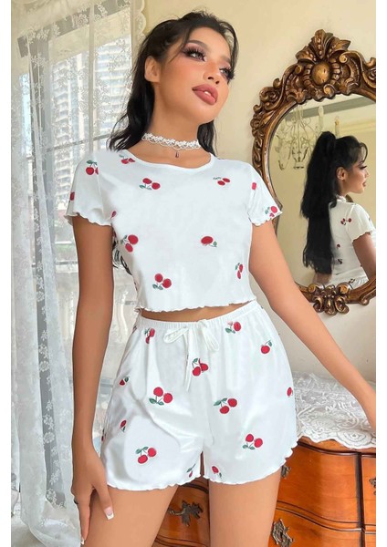 Örme Yumuşak Kısa Kol Kiraz Basklı Sortlu Pijama Takımı