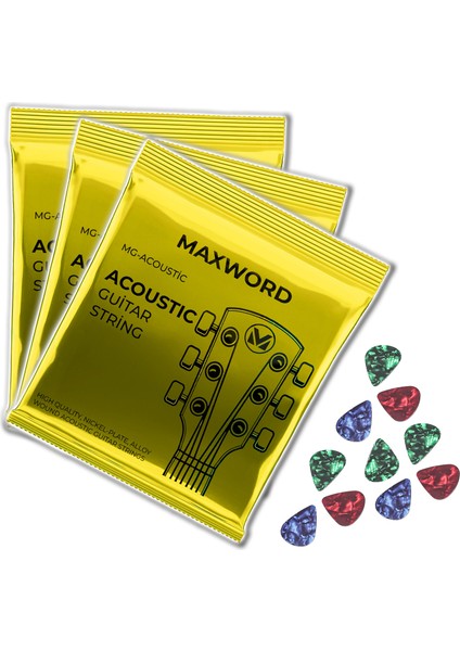 Maxword Gt-Acoustic-3x Kaliteli Akustik Gitar Teli 3 Takım Set + 10 Pena