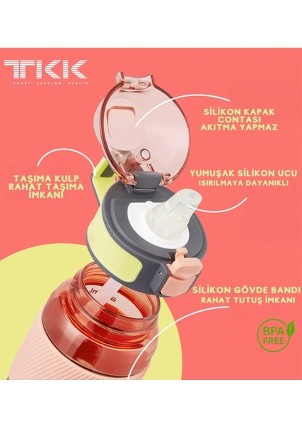 Tkk 800ML Pipetli Taşıma Kulplu Silikon Gövde Ölçü Skalalı Tritan Su Matarası