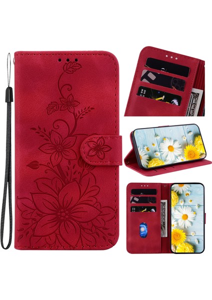 Xiaomi Redmi 9A Kabartmalı Lily Cüzdan Kılıfı ile Uyumlu, Kart Tutuculu Pu Deri Kapaklı (Yurt Dışından)