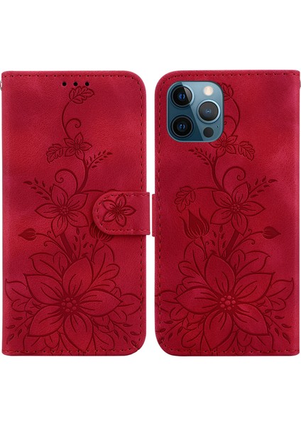 Apple iPhone 12 Pro Max Kabartmalı Lily Cüzdan Kılıfı ile Uyumlu, Kart Tutuculu Pu Deri Kapaklı (Yurt Dışından)