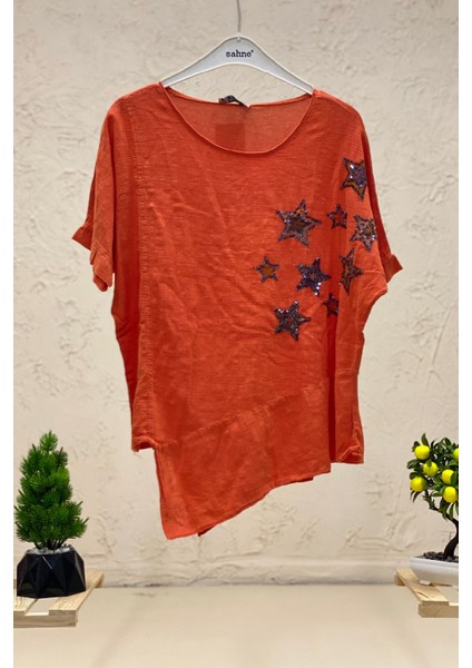 Yıldız Pullu Kısa Kol Asimetrik Keten Bluz