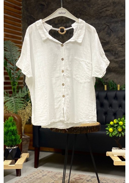 Sırt Tahta Halkalı Yakalı Salaş Keten Bluz