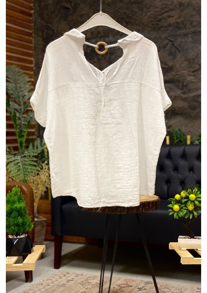 Sırt Tahta Halkalı Yakalı Salaş Keten Bluz fiyatları