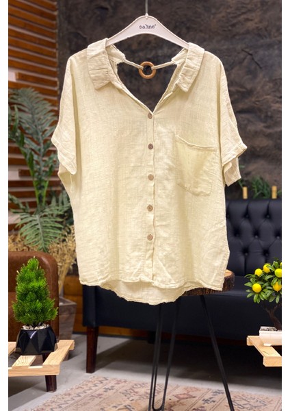 Sırt Tahta Halkalı Yakalı Salaş Keten Bluz
