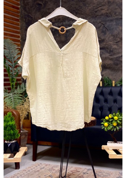 Sırt Tahta Halkalı Yakalı Salaş Keten Bluz fiyatları
