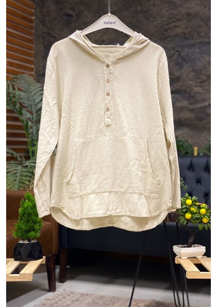 Kapşonlu Cepli Keten Gömlek
