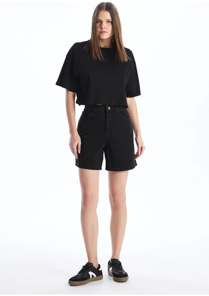 Kadın Siyah Bisiklet Yaka Oversize Süprem Basic Crop Tişört fiyatları