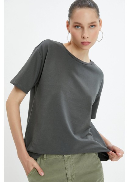 Kadın Füme Bisiklet Yaka Oversize Basic Süprem Tişört