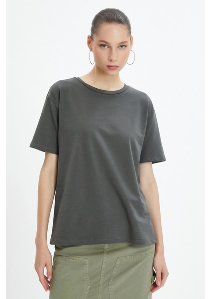 Kadın Füme Bisiklet Yaka Oversize Basic Süprem Tişört