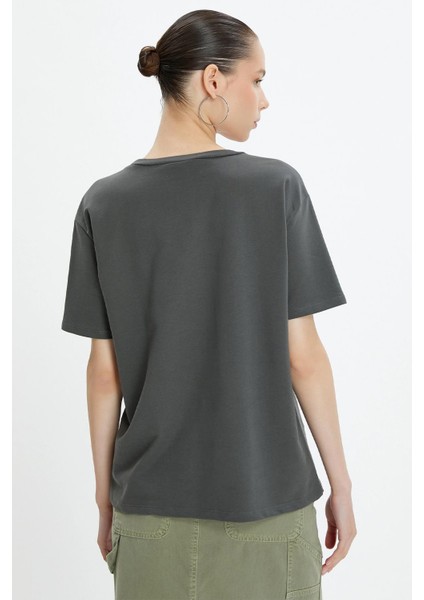Kadın Füme Bisiklet Yaka Oversize Basic Süprem Tişört