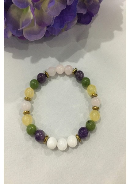 8 mm Ay Taşı, Sitrin, Yeşim, Pembe Kuvars,ametist, Hematit Doğaltaş Bileklik