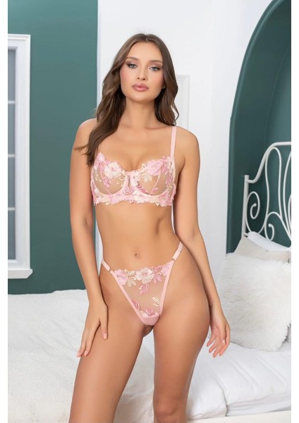 Pembe Rose Desenli Sütyen Takımı