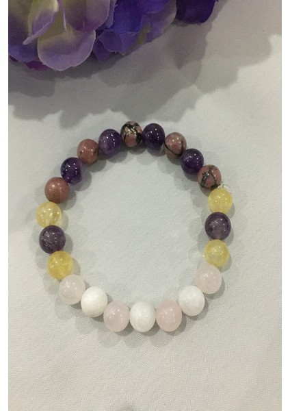 8 mm Ay Taşı, Rodonit, Pembe Kuvars, Ametist, Sitrin Doğaltaş Bileklik