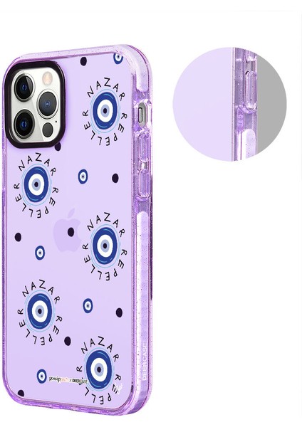 Apple iPhone 12 Pro Gossip Pasta Nazar Tasarımlı Simli Mor Kaplama Şeffaf Telefon Kılıfı