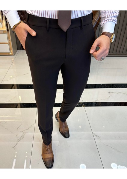 Italyan Stil Slim Fit Bel Detaylı Erkek Pantolon Kahverengi T11337