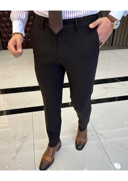 Italyan Stil Slim Fit Bel Detaylı Erkek Pantolon Kahverengi T11337 fiyatları