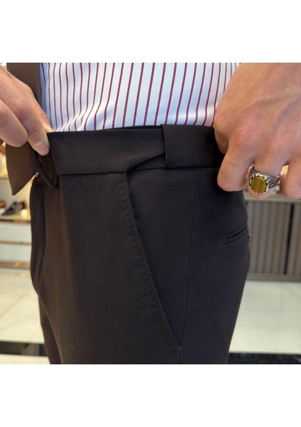 Italyan Stil Slim Fit Bel Detaylı Erkek Pantolon Kahverengi T11337 modelleri