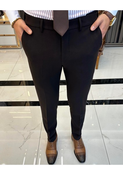 Italyan Stil Slim Fit Bel Detaylı Erkek Pantolon Kahverengi T11337 fırsatları