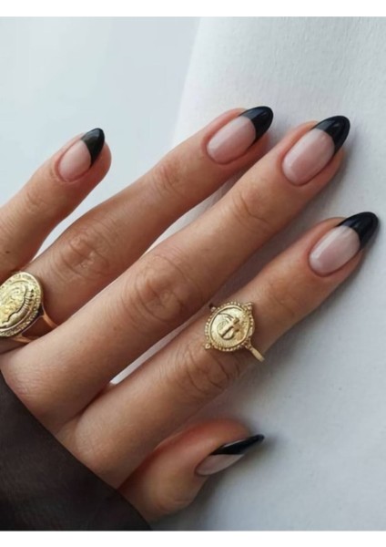 Kalıcı Nail Art Siyah French Badem Model 24'lü Takma Tırnak Seti