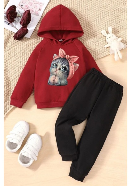 Kedi Baskılı Alt Üst Kırmızı Sweatshirt Siyah Alt Çocuk Takımı