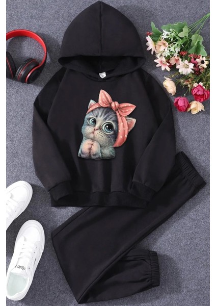 Kedi Baskılı Siyah Sweatshirt Siyah Alt Çocuk Takımı