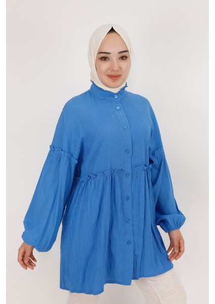 By Coolest Butik 71098 Beli ve Omuzu Fırfır Detaylı Poplin Kumaş Tunik Gömlek