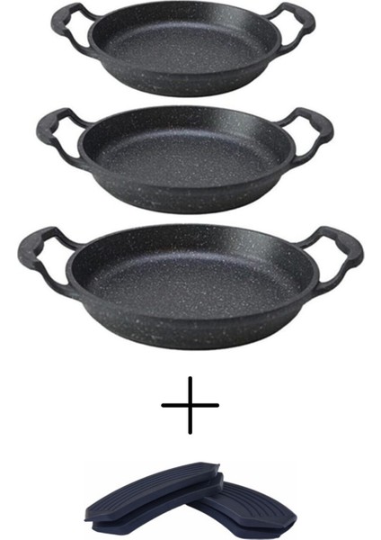 Siyah Granit Döküm Kaplama Alüminyum Döküm Sahan Set 3'lü(18-20-22 Cm) + 1 Çift Tava Kulp Tutacak