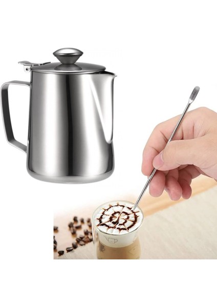Latte Seti 2li Süt Potu Kapaklı 500 ml + Latte Art Kalemi Çubuğu Süt Köpürtme Potu Latte Art Çubuğu