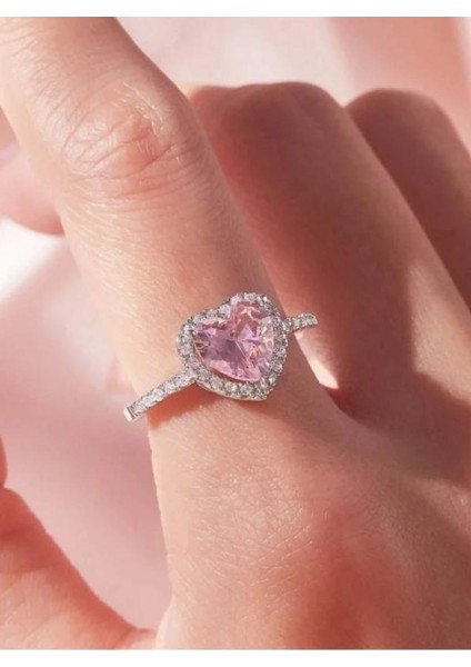 Yleaf Gümüş Pandora Model Pembe Taşlı Pırlanta Montürlü Kalp Modeli Yüzük Ciddi İlişki Yüzüğü fırsatları