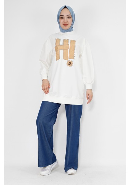 71102TAŞ ve Yazı Detaylı 2 Iplik Kumaş Sweatshirt