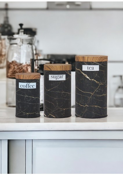 Bambu Kapak Görünümlü Metal Mermer Desenli 3'lü Çay Şeker Kahve Saklama Kabı/kavanozu MRS-3037M