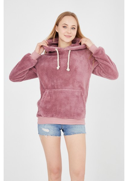 Grody.tunisex Kapüşonlu Peluş Sweatshirt Hoody Gül Kurusu