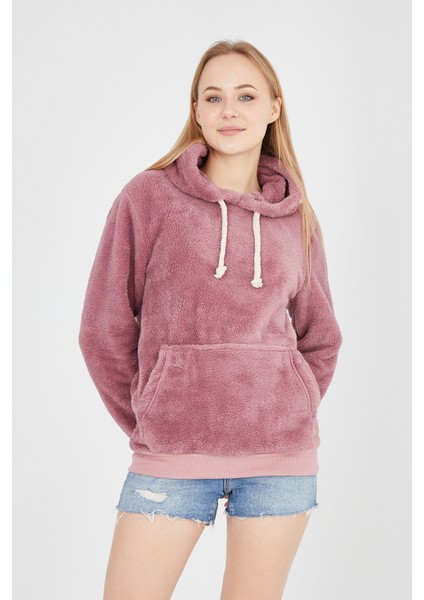 Grody.tunisex Kapüşonlu Peluş Sweatshirt Hoody Gül Kurusu