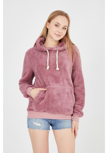 Grody.tunisex Kapüşonlu Peluş Sweatshirt Hoody Gül Kurusu