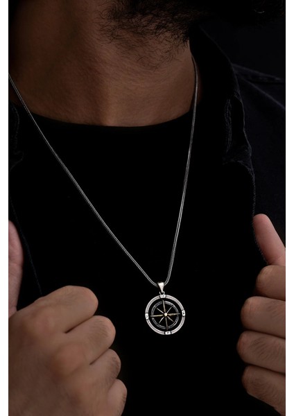 Pusula Motif Erkek 925 Ayar Gümüş Zincir Kolye