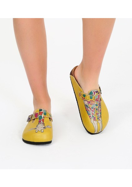 G251 Zürafa Desen Baskılı Burnu Kapalı Hardal Sarısı Sabo Kadın Terlik