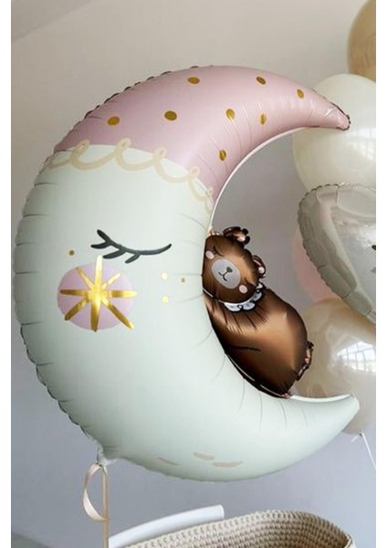 Ayıcıklı Ay Balon Sevimli Ayı Ay Dede Folyo Balon Doğum Baby Shower Balonu
