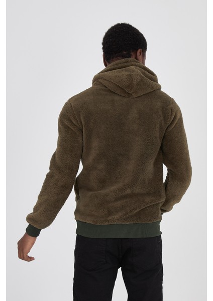 Kapüşonlu Peluş Sweatshirt Hoody Haki