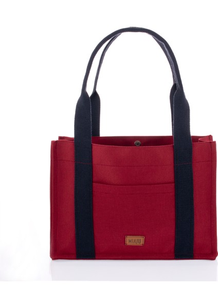Kanvas Tote Bag, Orta Boy Bordo Kadın Kol ve Omuz Çantası, 35X25 Cm, Ön ve Iç Cepli, Mıknatıs Ağızlı