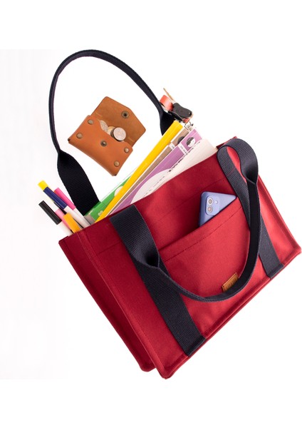 Kanvas Tote Bag, Orta Boy Bordo Kadın Kol ve Omuz Çantası, 35X25 Cm, Ön ve Iç Cepli, Mıknatıs Ağızlı indirimleri