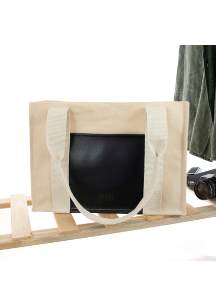 Deri Cepli Kanvas Tote Bag, Orta Boy Krem-Lacivert Kadın Kol ve Omuz Çantası, 35X25 Cm, Iç Cepli