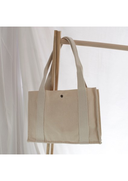 Deri Cepli Kanvas Tote Bag, Orta Boy Krem-Lacivert Kadın Kol ve Omuz Çantası, 35X25 Cm, Iç Cepli fırsatları