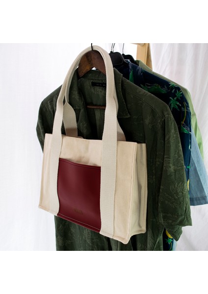 Deri Cepli Kanvas Tote Bag, Orta Boy Krem-Bordo Kadın Kol ve Omuz Çantası, 35X25 Cm, Ön ve Iç Cepli fırsatları