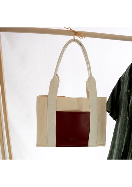 Deri Cepli Kanvas Tote Bag, Orta Boy Krem-Bordo Kadın Kol ve Omuz Çantası, 35X25 Cm, Ön ve Iç Cepli indirimleri