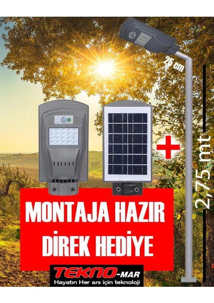 Solar Bahçe Aydınlatma Lambası 60W + 3m. Lamba Direği
