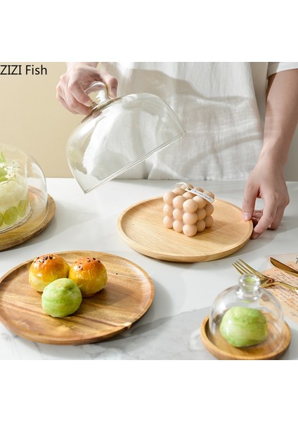 A--Küçük Stil Ahşap Tepsi Cam Kapaklı Yuvarlak Kek Tepsisi Iskandinav Tarzı Ev Mutfak Meyve Ekmeği Ahşap Tepsi Tatlı Teşhir Plakası Kek Araçları (Yurt Dışından) fırsatları