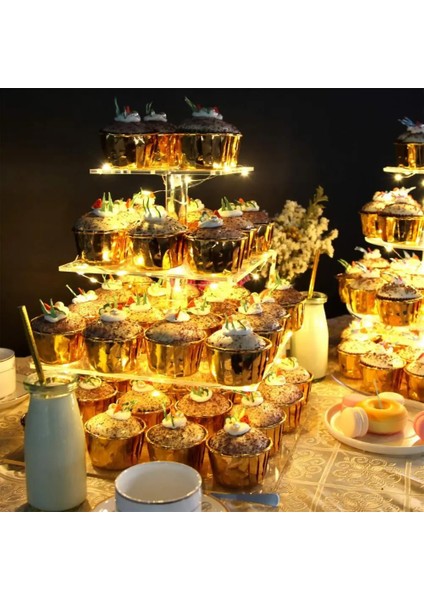 Sıcak Beyaz Işık Stili 4 Katlı LED Işık Kek Standı Akrilik Kek Teşhir Standı Şeffaf Tepsi Cupcake Tutucu Düğün Doğum Günü Pastası Raf Dekor Araçları (Yurt Dışından) modelleri