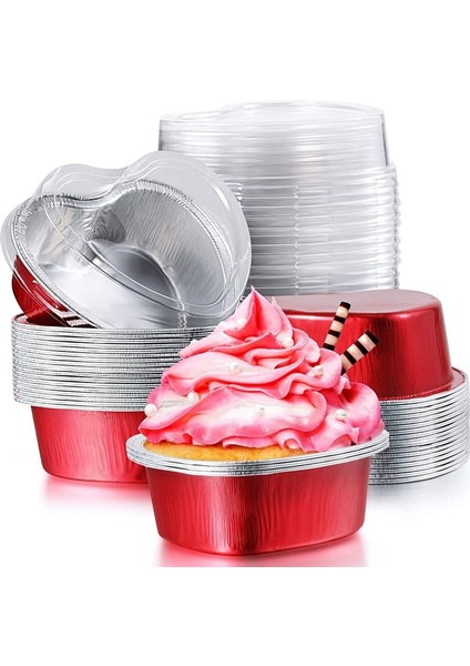 Kırmızı Stil Sevgililer Günü Alüminyum Folyo Kek Tava Kalp Şeklinde Cupcake Kapaklı Fincan, Mini Cupcake Cup Flan Kapaklı Pişirme Bardakları (Yurt Dışından)